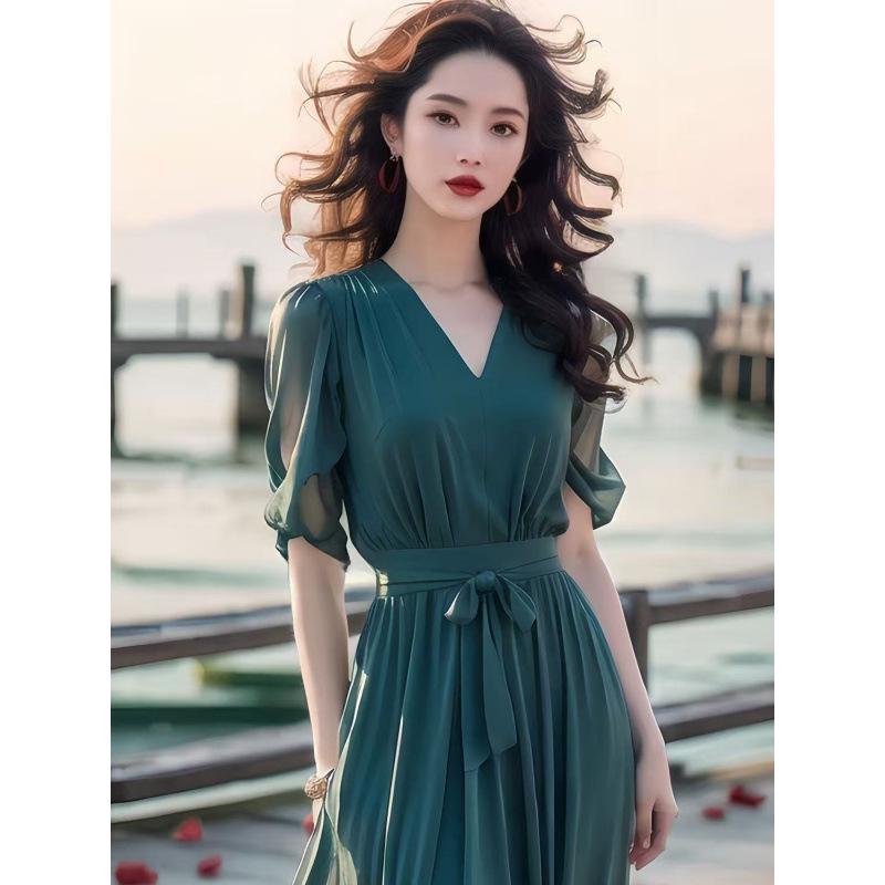 Stylish Green Chiffon Ankle-Length Beach Dress - 2025 Summer Collection