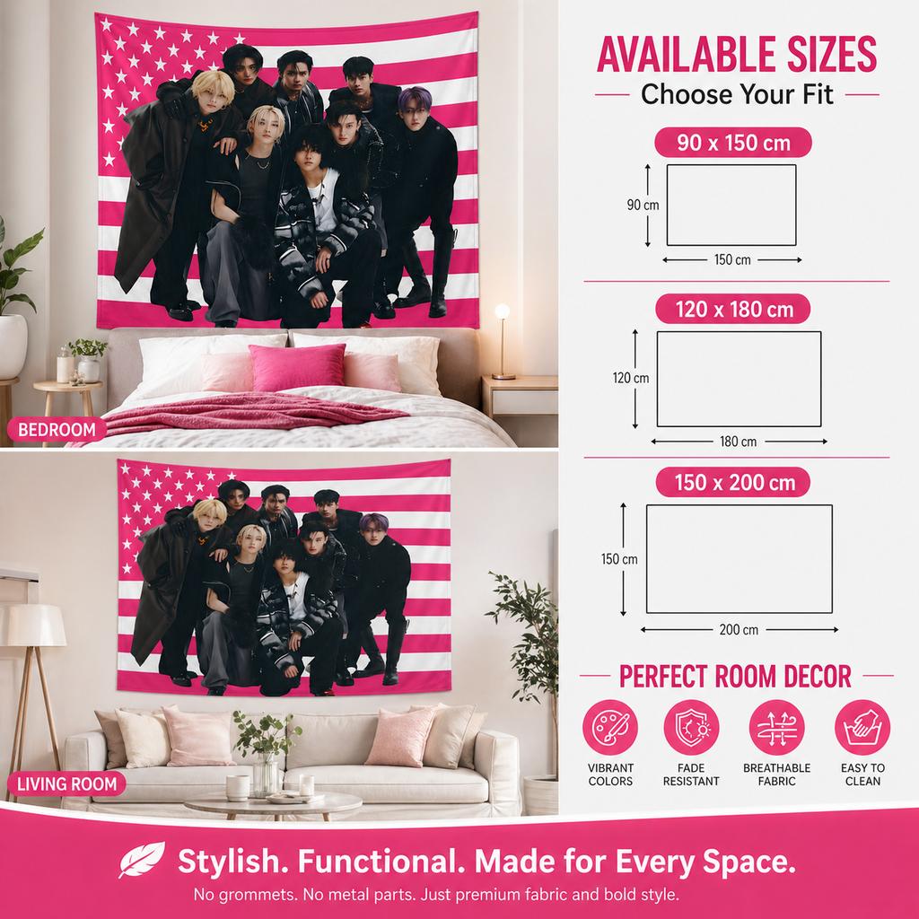 Kpop Style Pink American Flag Tapestry Flat Print Music Fans Concert Merchandise Wall Hanging for Bedroom Dorm Aesthetic Decor