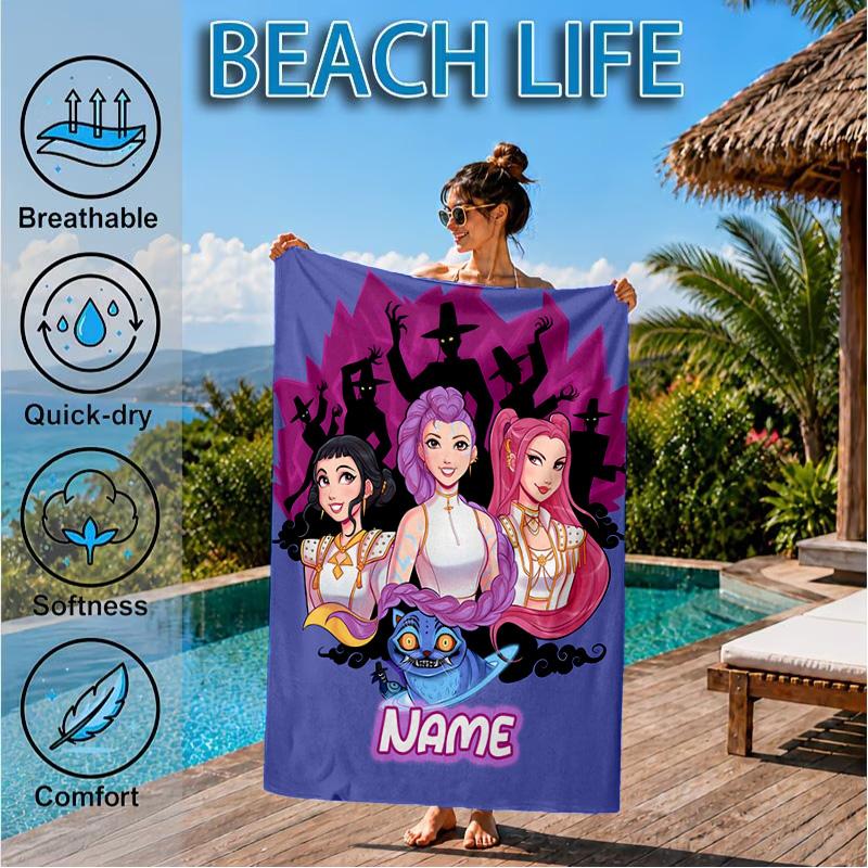 Custom Name KPop Cartoon Beach Towel Microfiber Beach Towel, Lightweight and Quick-Dry, for Summer Travel, Swimming Pool Gift