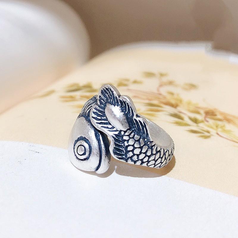 Adjustable Open Ring With Vintage Koi Fish Design Plated Copper Retro Ethnic Style Finger Men Women