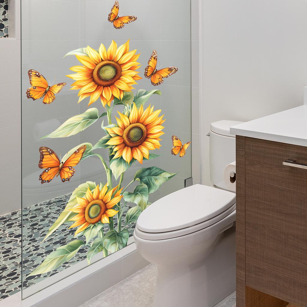 Sunflower Flower Bathroom Sliding Door Self-Adhesive Glass Sticker Home Decoration Wall Decal