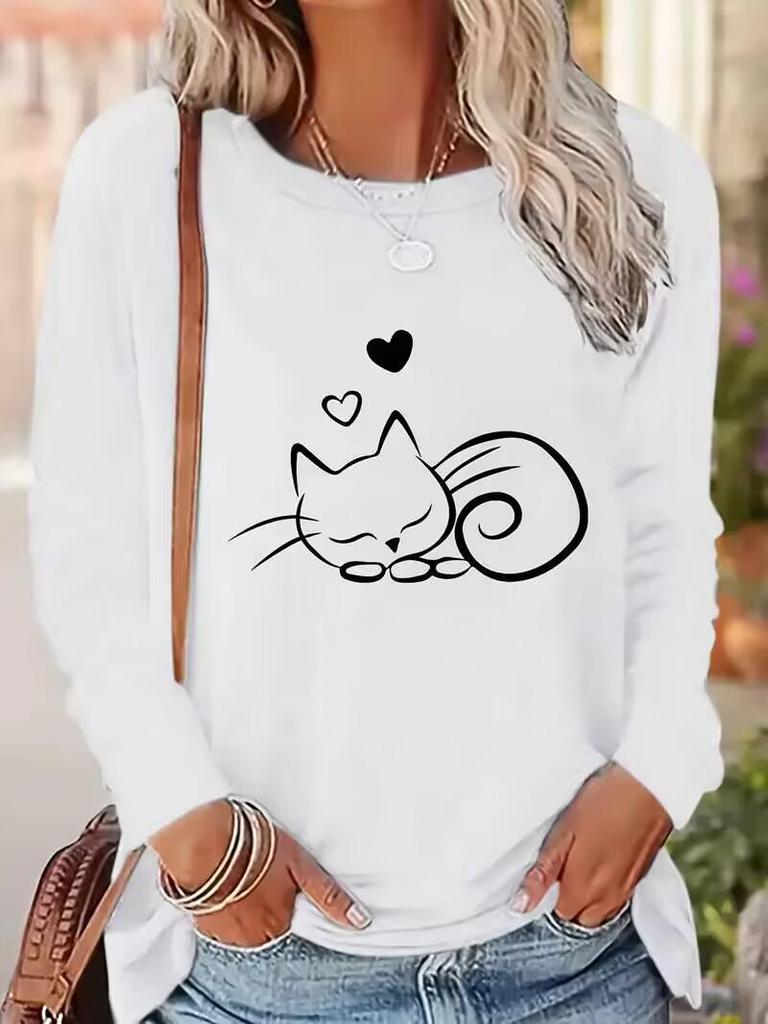 Women’s Cat Print Sweatshirt - Long Sleeve Pullover with Sleeping Kittens & Hearts