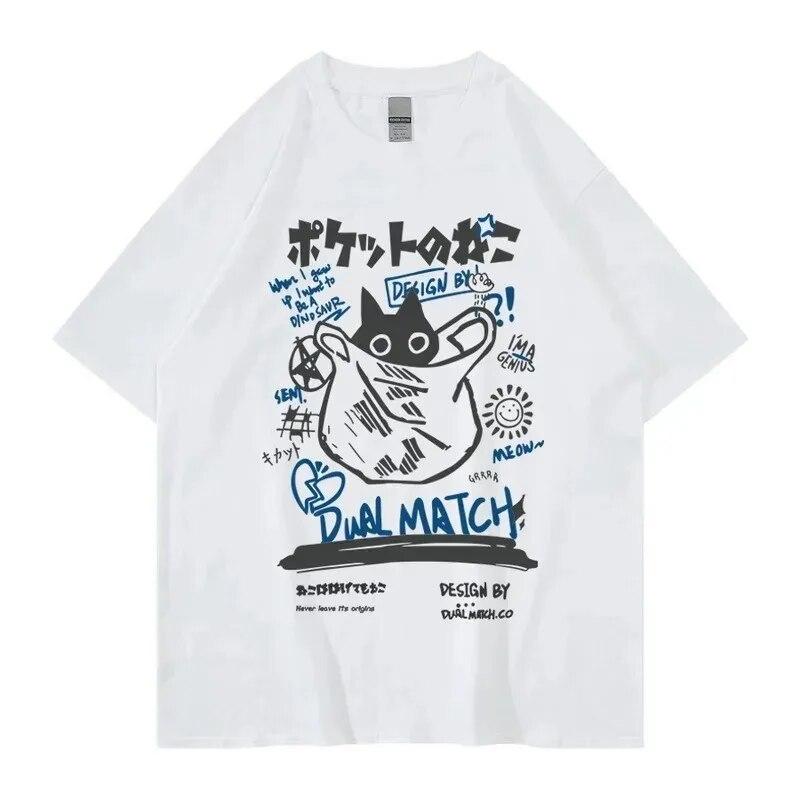 Unisex Women Cotton T-Shirt Japanese Kanji Funny Cat Printed T Shirt Harajuku Casual Short Sleeve Tshirt Streetwear Trend Tee Tops