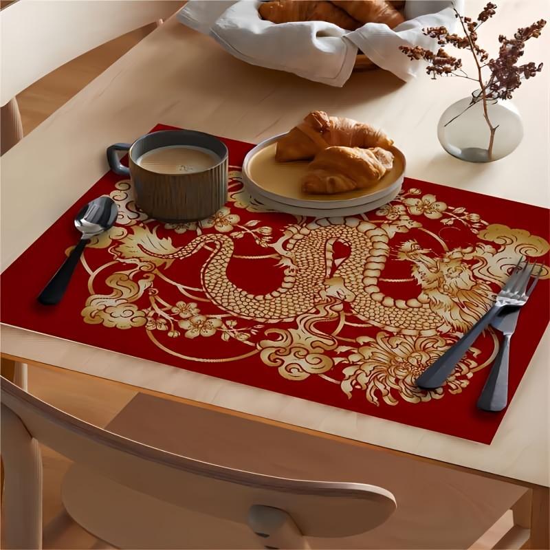 1pc Square Placemats, Chinese Style Red Simple And Elegant Light Luxury Table Pads, Golden Dragon Pattern Table Decoration Mat
