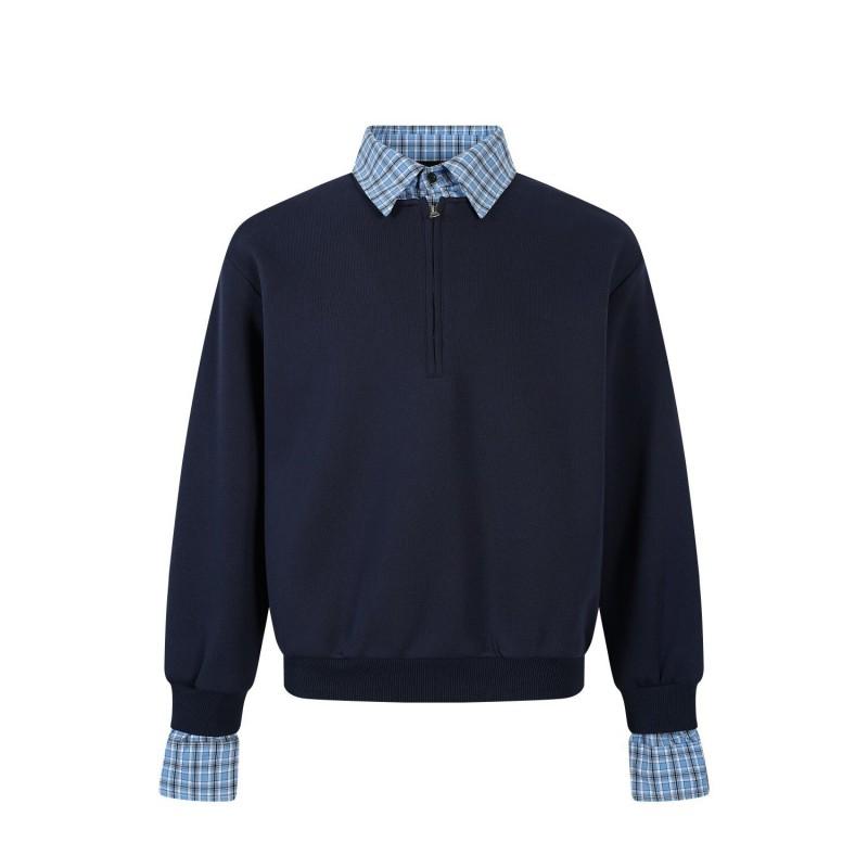 Mens Casual Layered-Style Zip-Up Polo Collar Sweatshirt Plain Color Loose Fit Cotton Blend Wear