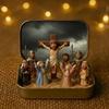 1/2 Stück Jesus Kreuzigungsszene Set in Blechdose Handgefertigt Taschenformat Miniatur Jesus Auferstehung Blech Harz Ornament Religiöse Dekoration