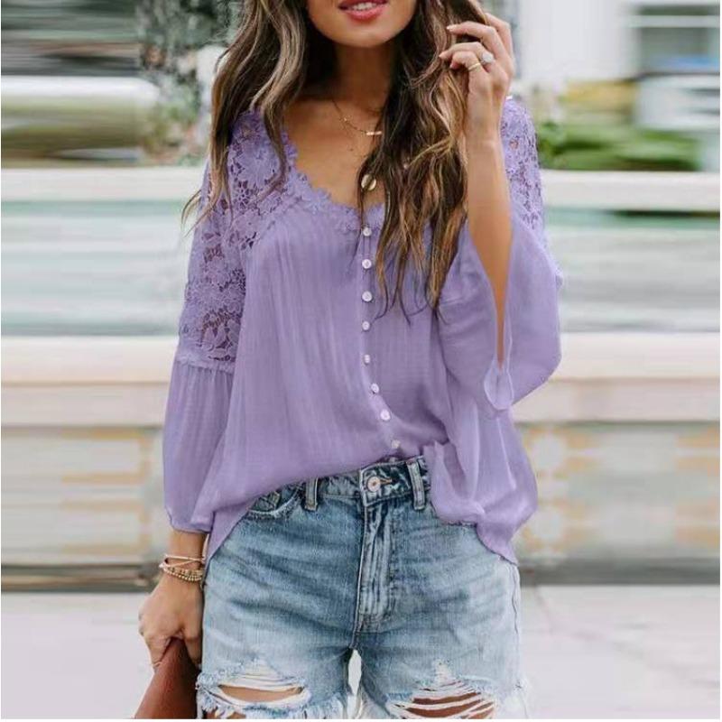 Lace Shirt Women's Shirts Vintage Solid Color V Sexy Splicing Buckle Horn Sleeve Blouses Top Women