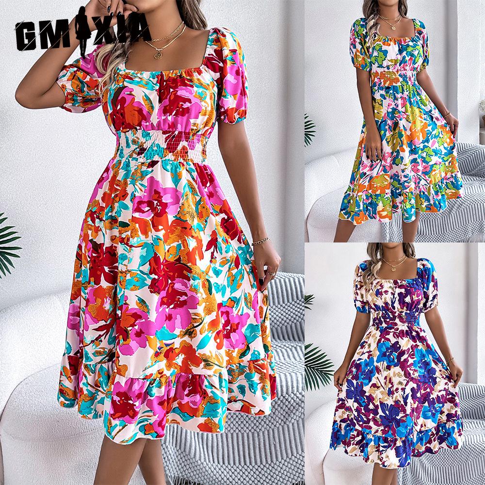 GMXIA Spring and Summer Casual Flower-patterned Short-sleeved, Waist-cinched, Ruffled A-line Skirt Women's Wear