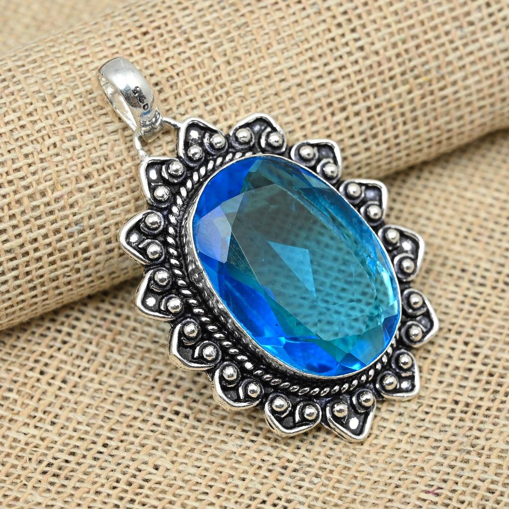 Blue Topaz Gemstone 925 Sterling Silver Jewelry Handmade Pretty Design Pendant For Gifts