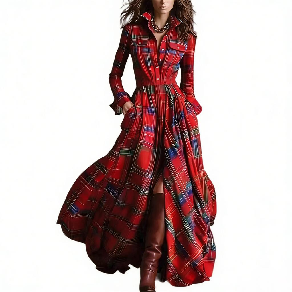 Womens Plaid Shirt Dress V-Neck Button Button Split Asymmetric Hem Checkered Maxi Dress With Pockets