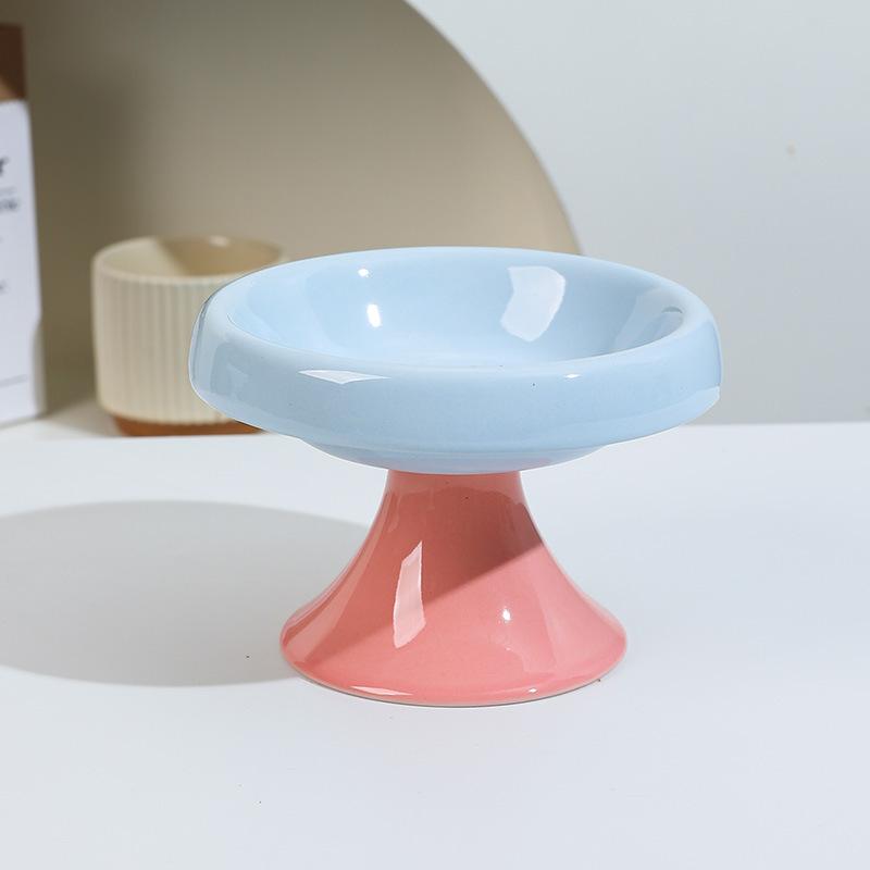 Colorful Ceramic Elevated Cat Bowl, Neck Protect Anti-black Chin Feeding Dish for Cats Kittens