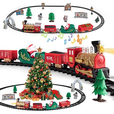 Christmas Mini Tree Train Set - Electric Locomotive With Lights Sounds For Toddlers Complete Track Carriages Holiday Decor