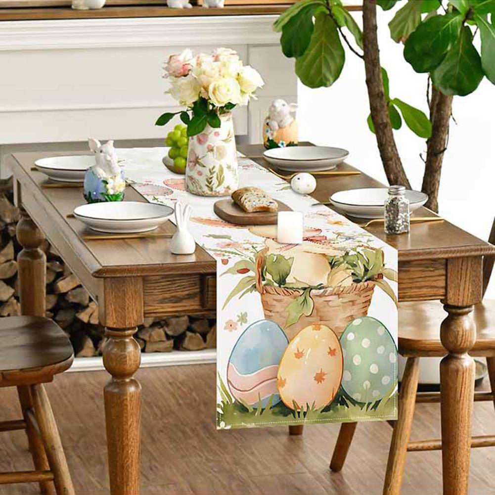 Easter Bunny Eggs Linen Table Runner Easter Rabbit Table Runner Washable Spring Table Runners for Kitchen Dining Table Decor