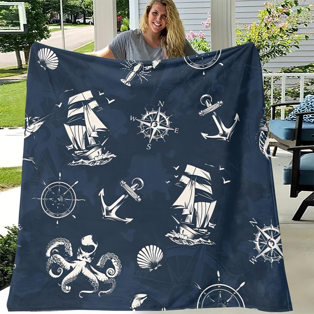 [Cozy Maritime Blanket] 1pc Soft & Warm Cozy Maritime-Themed Flannel Fleece Blanket | Compass & Sailing Print, All-Season Throw 70x100cm