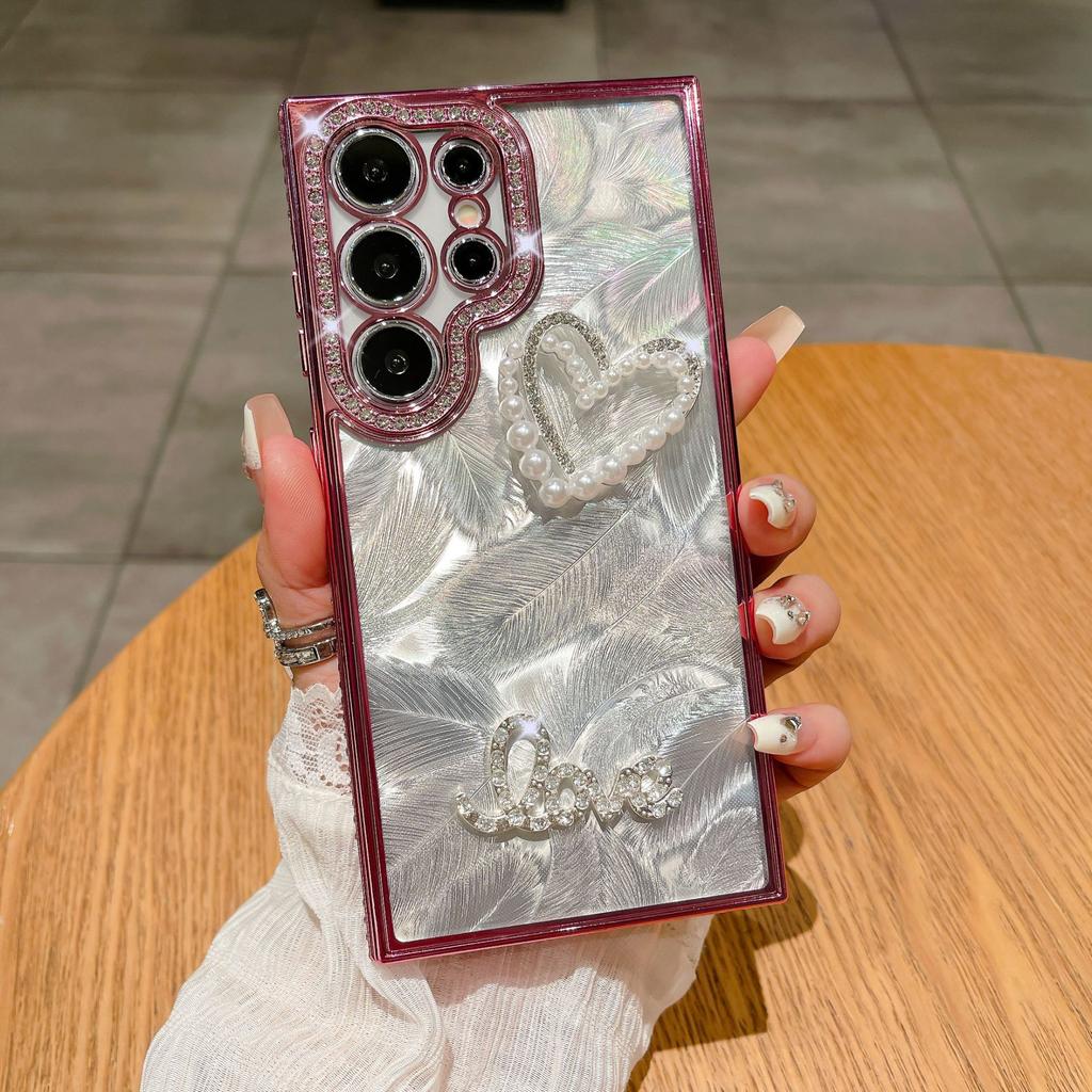 Suitable for Samsung S24 Ultra Mobile Phone Case Luxury Rhinestone S23 Laser Feather A73 Diamond Inlay Love A24 Soft Case