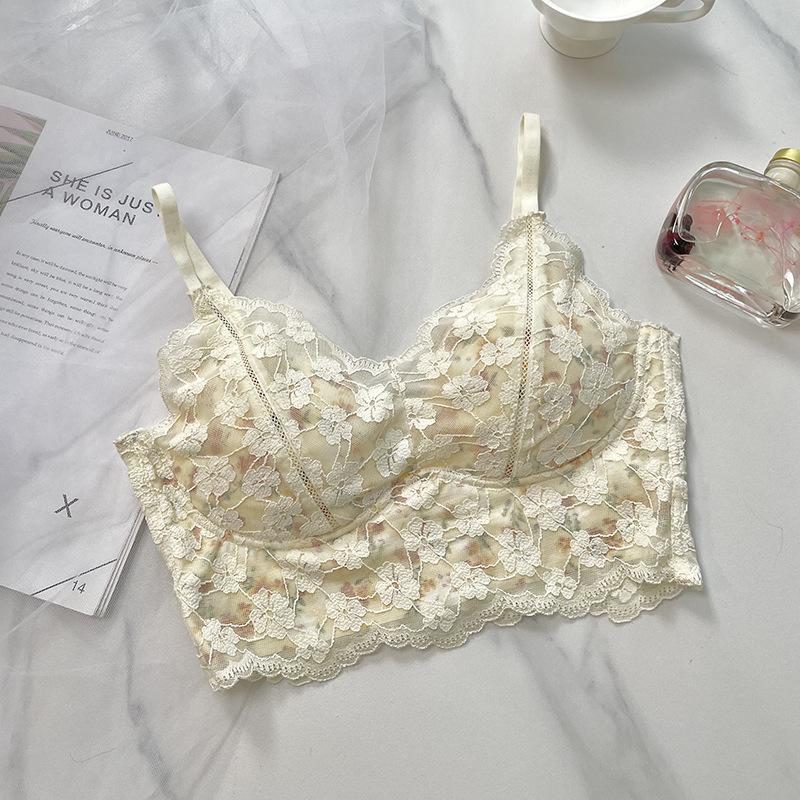 Romantic Floral Lace Beautiful Back Small Chest Gathering No Steel Ring Bra Fixed Cup Upper Support Sweet Temperament Bra Underwear