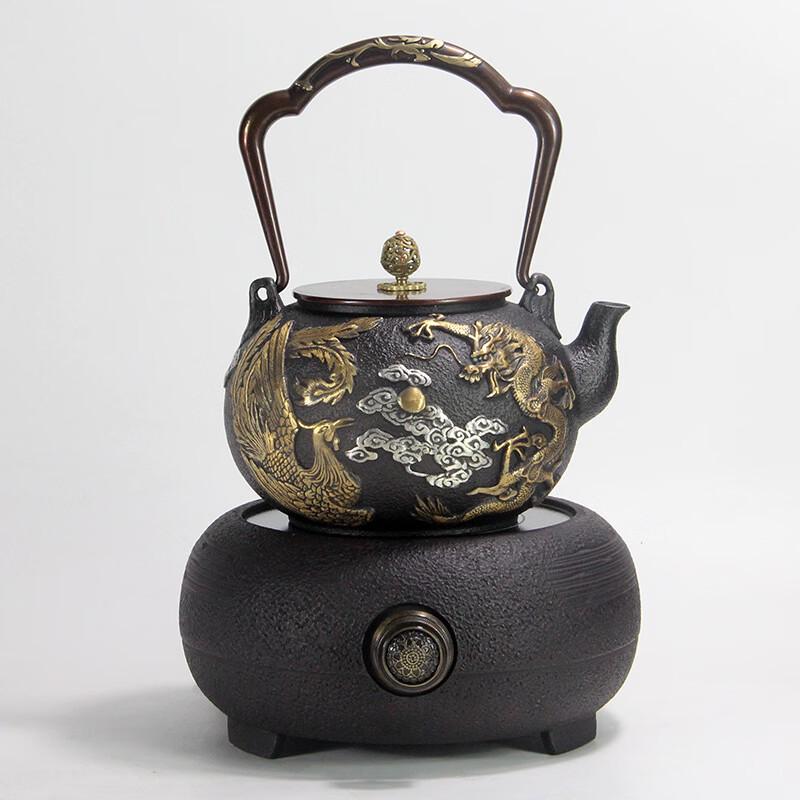 Chaxun Gilded Dragon Phoenix Iron Teapot with Three-Bend Handle, 1200ml