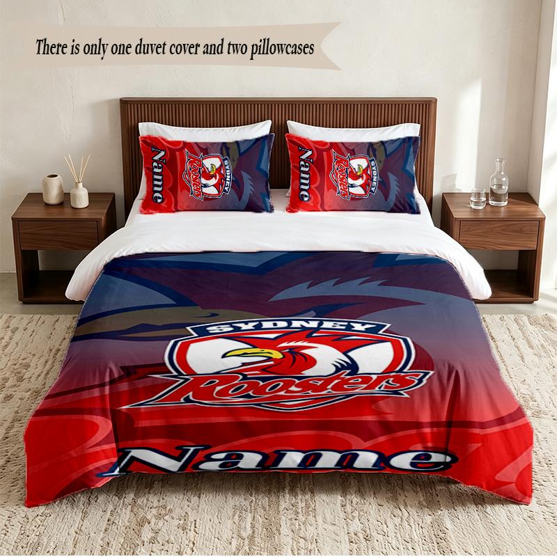 Sydney Roosters Personalized Custom Name 3‑Piece Bedding Set Soft Duvet Cover Set For Bedroom Home Decor