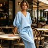 Yousheng Women's Casual 2 Piece Lounge Sets Puff Half Sleeve V Neck Top And Wide Leg Pants Travel Vacation Outfits with