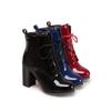 Fashion Women's Boots Ankle New Bohemian Patent Leather Front Tie Ankle Boot 7CM Square Heel Zipper with Lace Ties Women Shoes