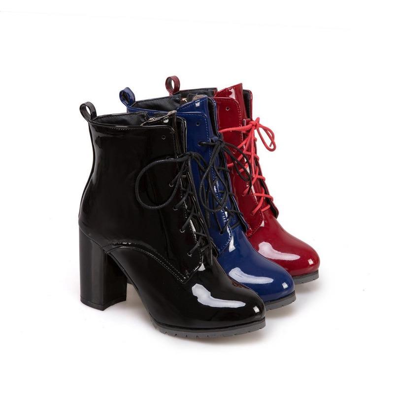 Fashion Women's Boots Ankle New Bohemian Patent Leather Front Tie Ankle Boot 7CM Square Heel Zipper with Lace Ties Women Shoes