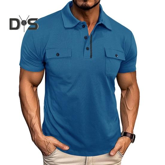 Men's Lapel T-shirt with Chest Pockets Short Sleeve Button-up Collar Tee Solid Color Casual Pullover Tee Shirt for Gym Streetwear