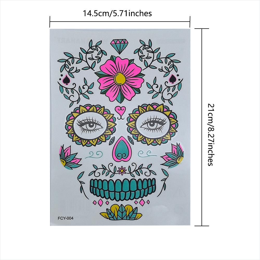 Funny Halloween Luminous Tattoo Sticker, 2/4pcs Glow in Dark Sugar Skull Face Stickers for Face Tattoos Waterproof Facial Party