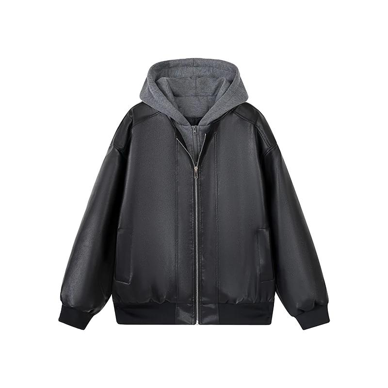 Autumn Men Black Coffee Faux Leather Jacket Men Hooded Pu Coats Men Fake Two Piece Outerwear Men Streetwear Moto Jacket