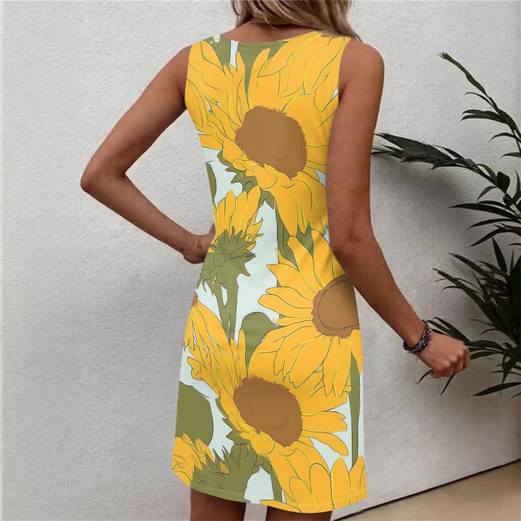 Robe d'été décontractée à fleurs pour femme, col rond, sans manches
