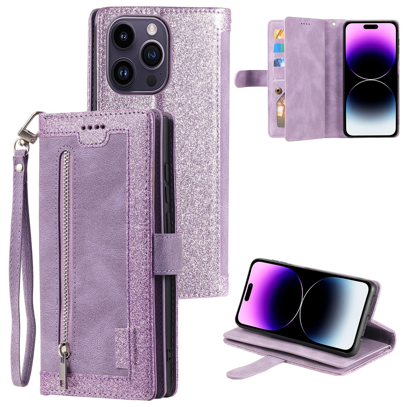 

Чехол для iPhone 16 Pro из ПУ кожи, чехол для телефона с карманом на молнии, 9 слотов для карт Purple