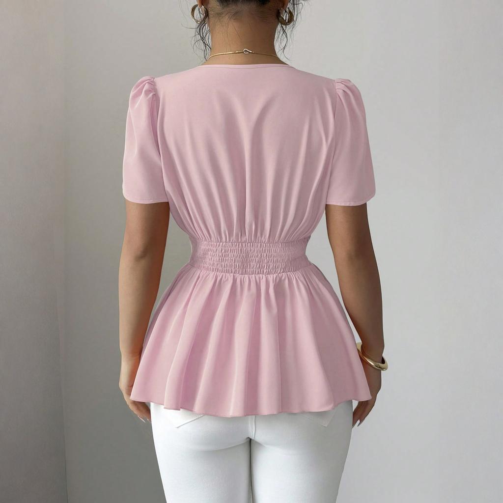 Ladies' Casual Loose And Fashionable  Short Sleeved V-neck Pullover Top