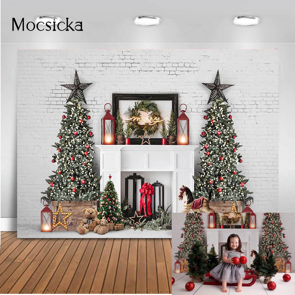 Christmas Tree Stairs Photography Backdrops Wooden Floor Fireplace Portrait Vinyl Photographic Background Photocall Photo Studio