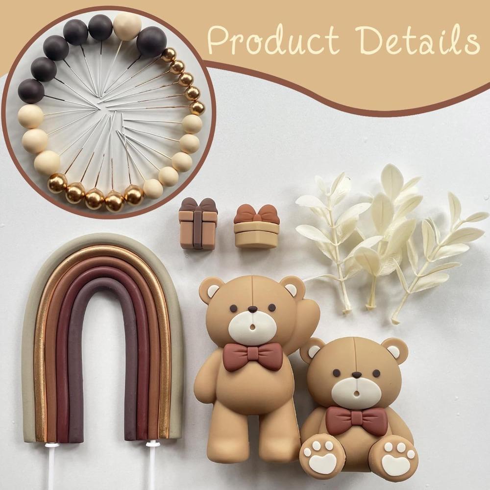 33pcs Bear Cake Topper Boho Rainbow Cake Decorations with Beige Brown Bears Pearl Balls Rainbow Cake Pick for Gender Reveal Wedding Birthday Party