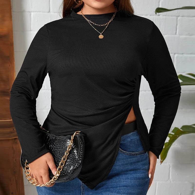 Damen Herbst/Winter Rundhals Slim Asymmetrischer Strick Langarm T-Shirt Vielseitiges Oberteil