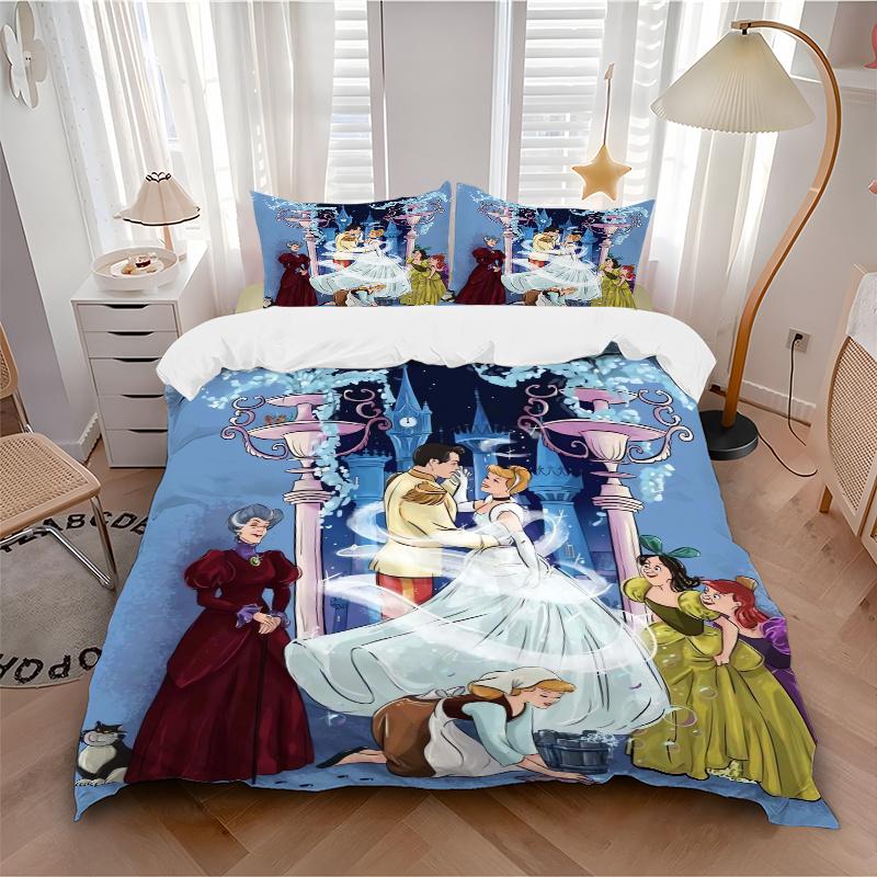 3pcs Prince and Cinderella Printed Quilt Set Soft and Comfortable Quilt Cover for Bedroom, Guest Room Bedding Set B069