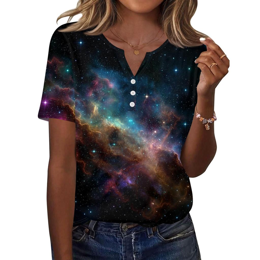 Damska Koszulka z Nadrukiem Guziki Krótki Rękaw Codzienna Weekendowa Moda Podstawowy Dekolt V Regularny Top