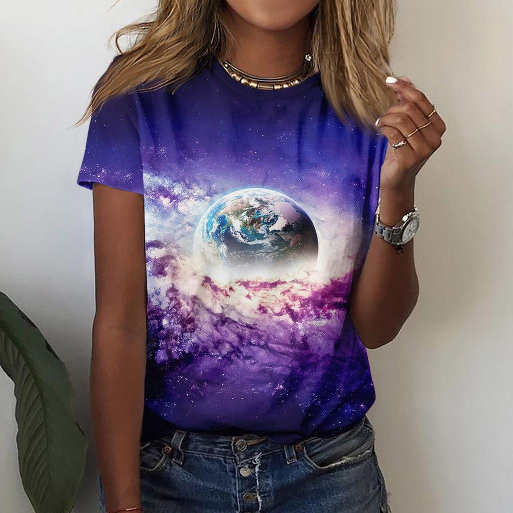 Camiseta feminina casual solta estampada gola redonda pulôver manga curta top