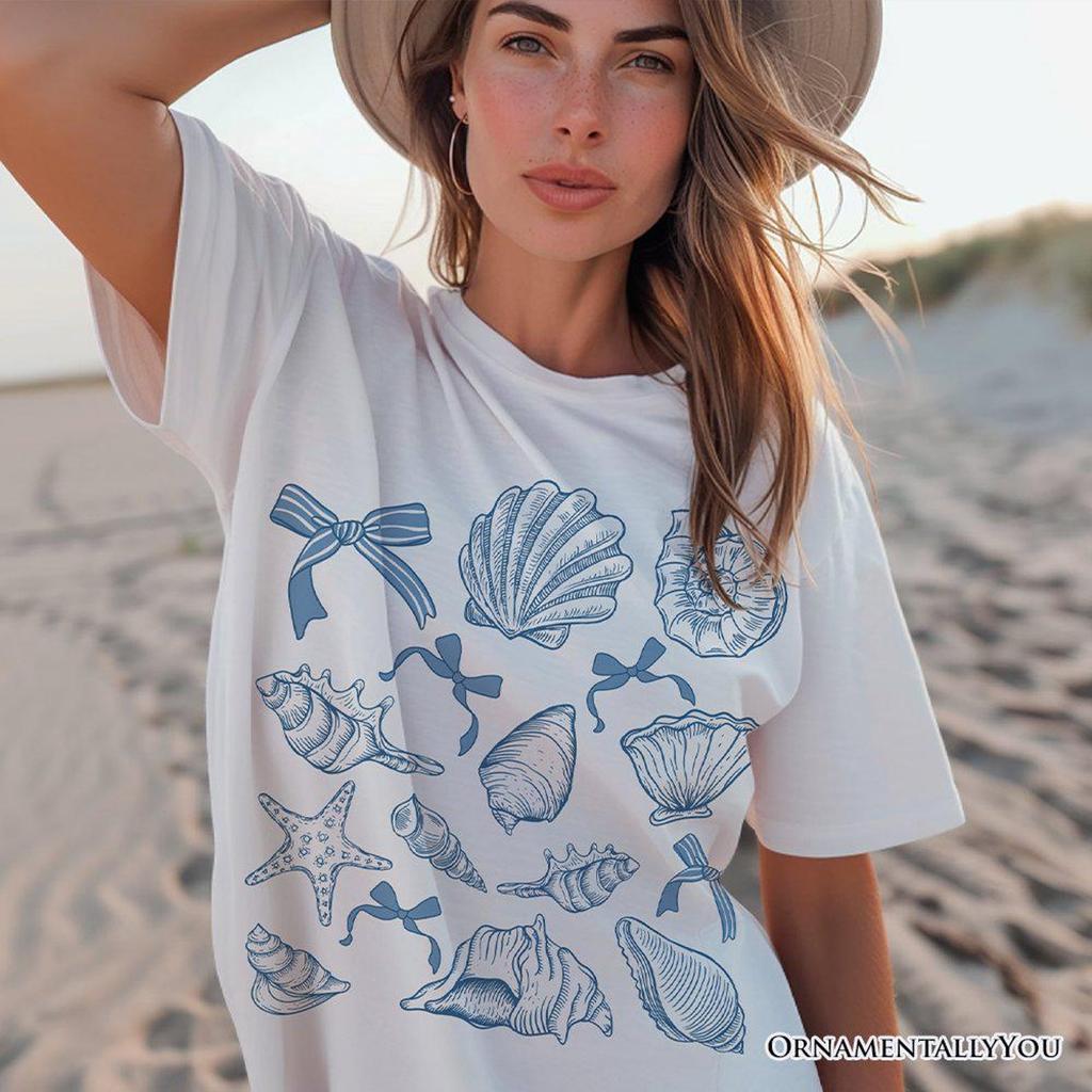 Coquette Seashell Summer Vibe T-and kids tshirt, Natural and White Retro Beach Tee Gift for Ocean Lover