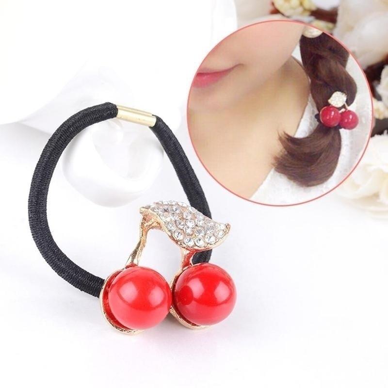 1Pc Women Girls Cherry Leaves Pearl Fashion Hair Rope Ladies Red and White Hair Accessories (Color Random)