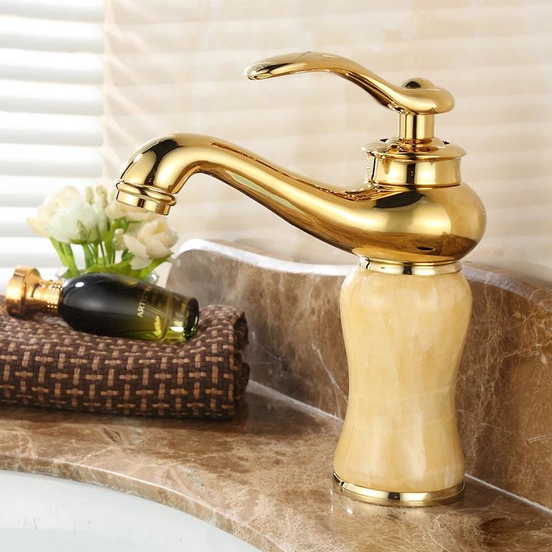 Gold Faucet Wall Mount Bathroom Washbasin Sink Faucet Brass Jade Crystal Cold Hot Mixer Taps Torneira ZR251