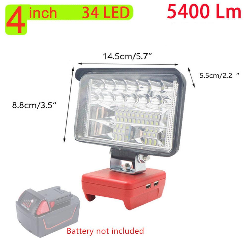 Wireless LED Work Light 4inch  34LED 5400LM Dual USB Port for Milwaukee Cordless M18 18V Battery