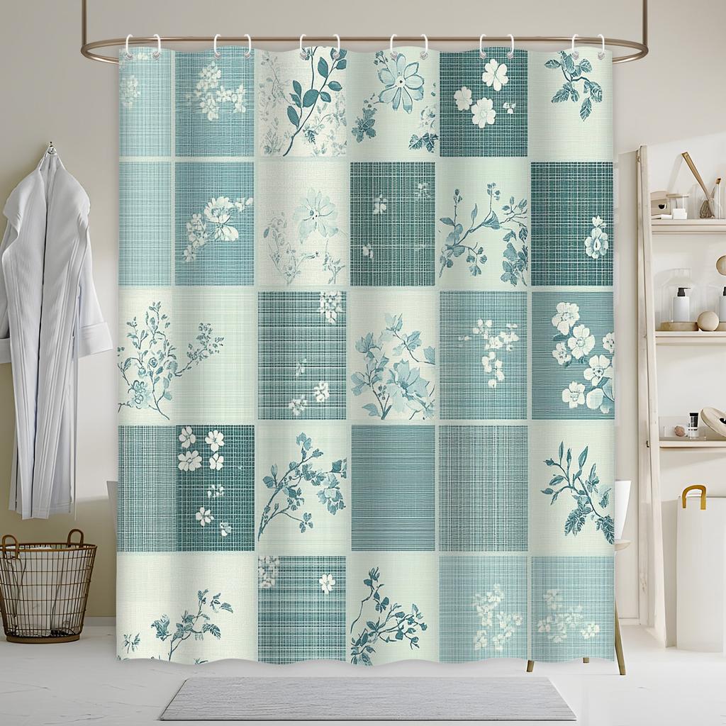 Vintage Floral Grid Bath Curtain - 3x3 Squares, Delicate Line Drawings, Pastel Green, 1950s Design, Polyester, Bath Decor