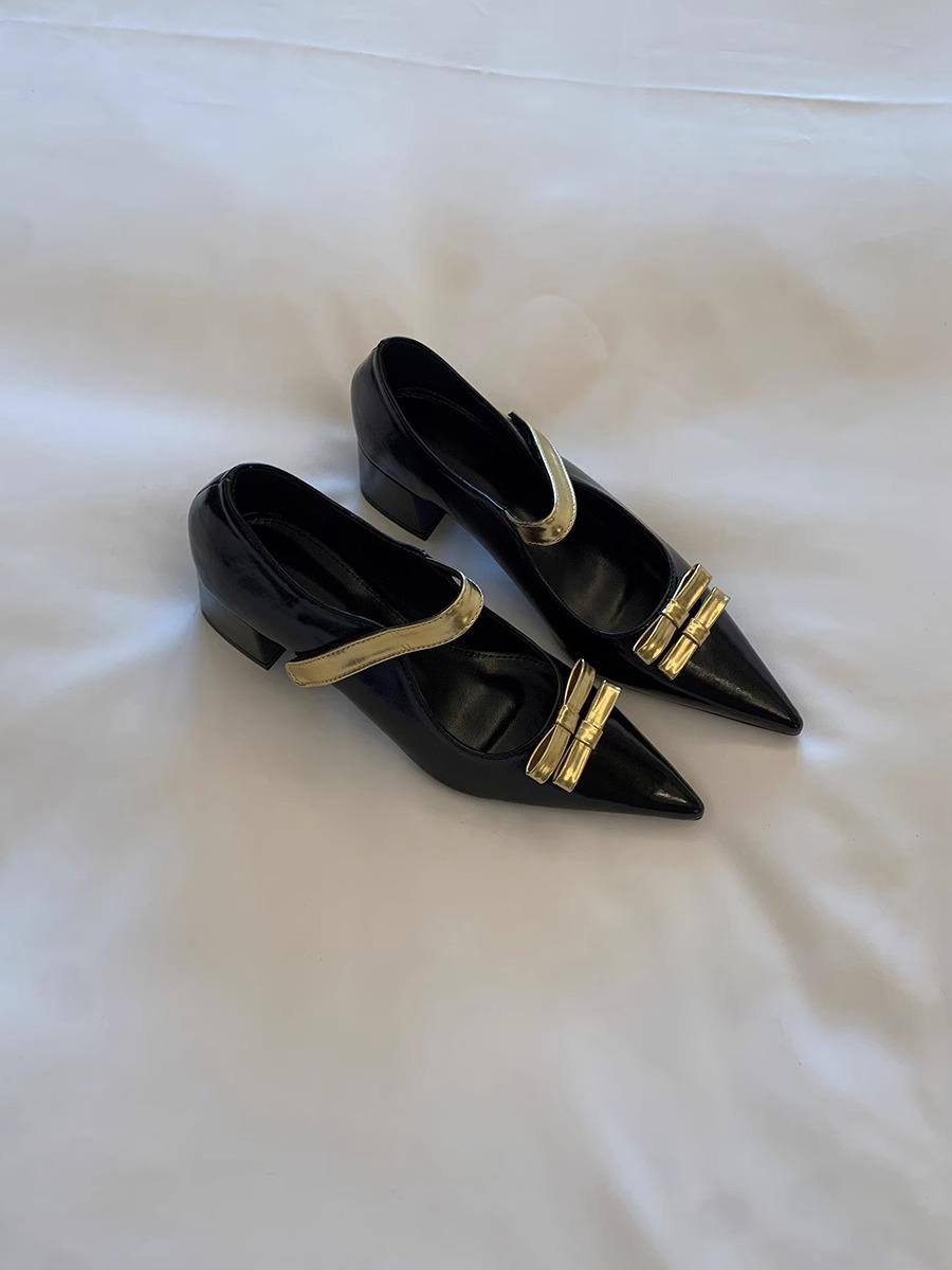 

Темперамент! Туфли Мэри Джейн на высоком каблуке с французским острым бантом на липучке Коллаж из черного толстый каблук 40 золотой