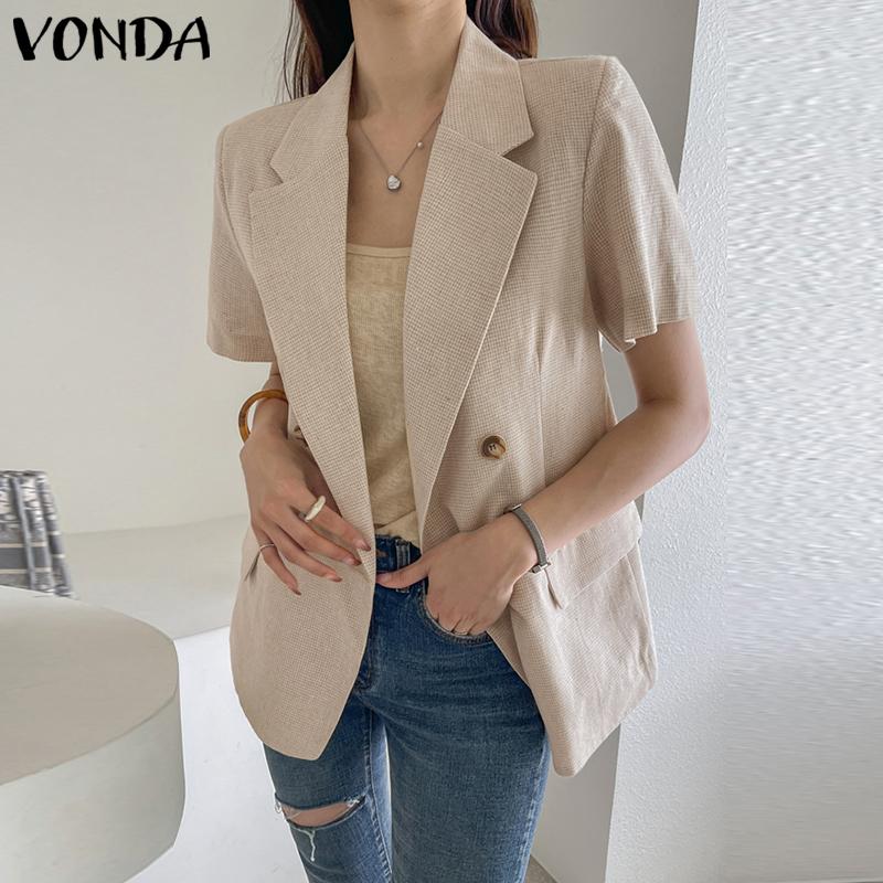 

VONDA Летний женский клетчатый костюм с короткими рукавами, пиджак, пальто