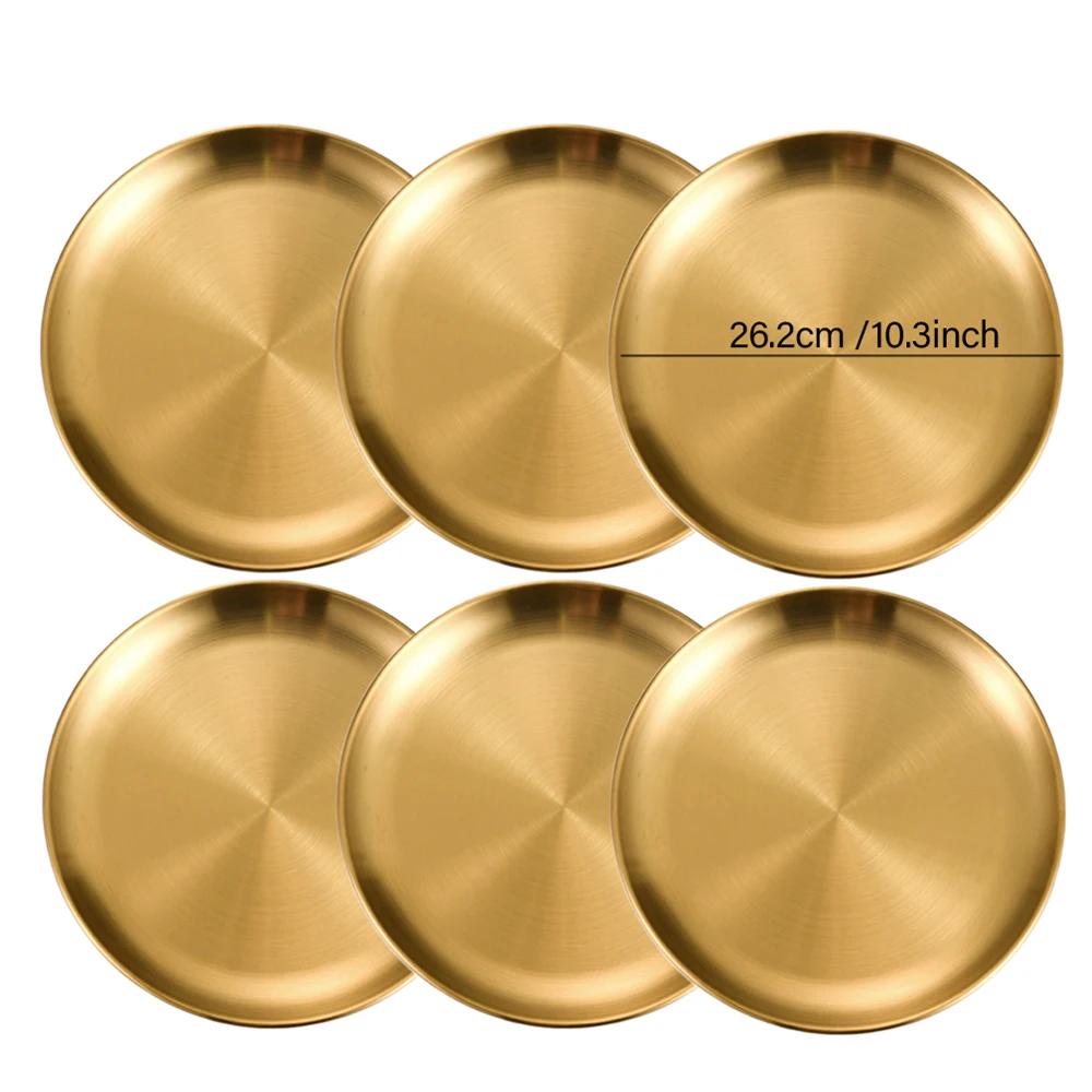 6Pcs Stainless Steel Thickened Barbecue Disc Golden Silver Cafe Tray Fruit Plate Cake Plate Bone Dish Shallow Plate