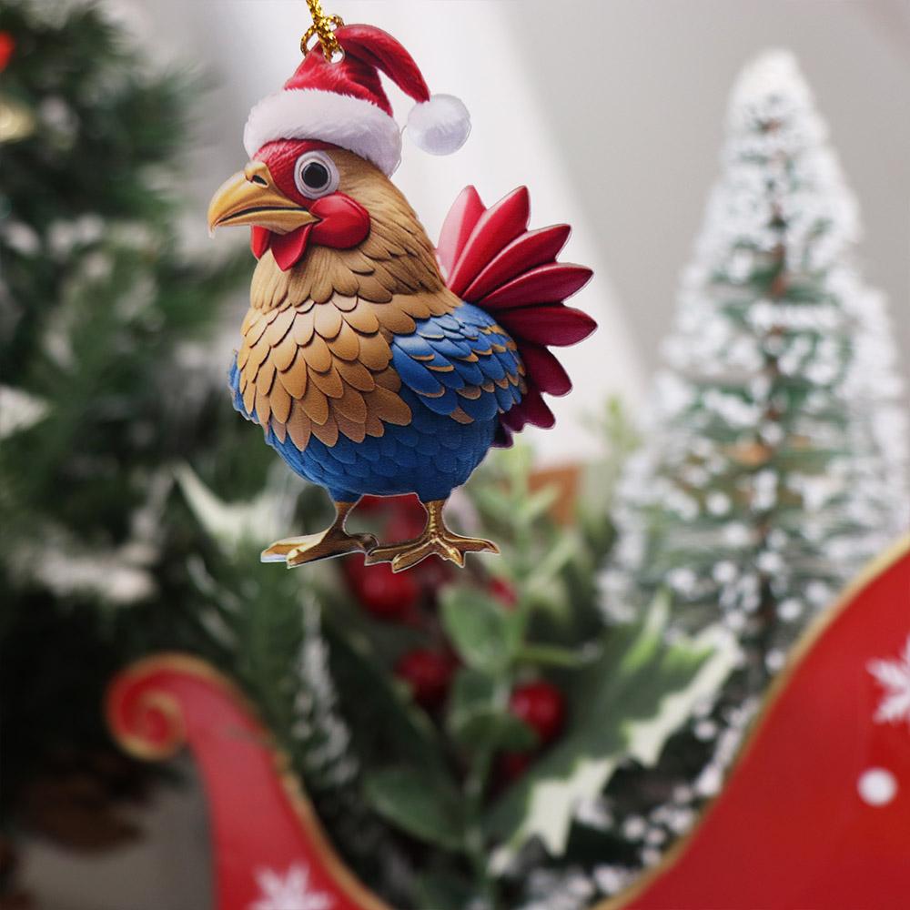 Cute Flat Rooster Pendant Cartoon Car Chicken Pendants Christmas Rooster Ornament  Xmas Tree Decor