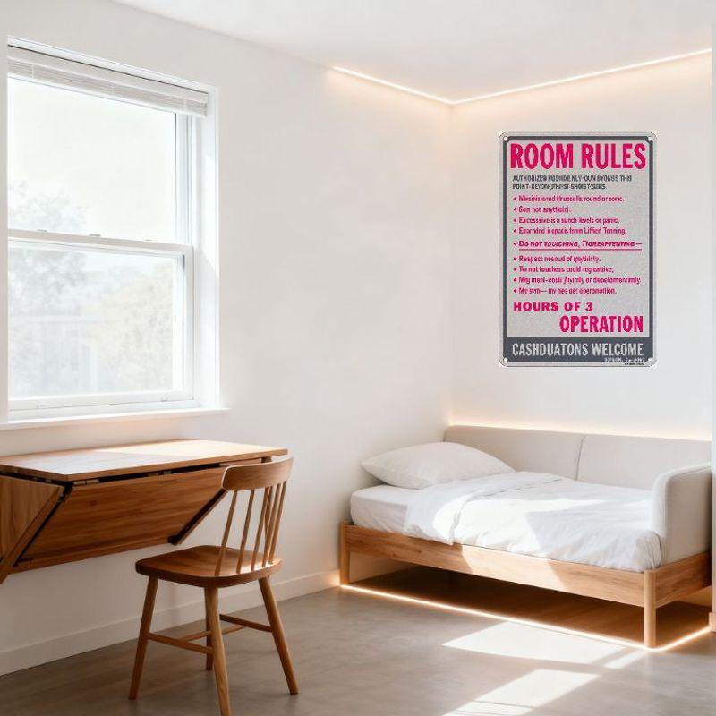 Parody Distorted Room Rules Metal Tin Sign, Pink & Black Text Retro Style, Humorous Wall Plaque for Man Cave Bar Cafe Home Decor
