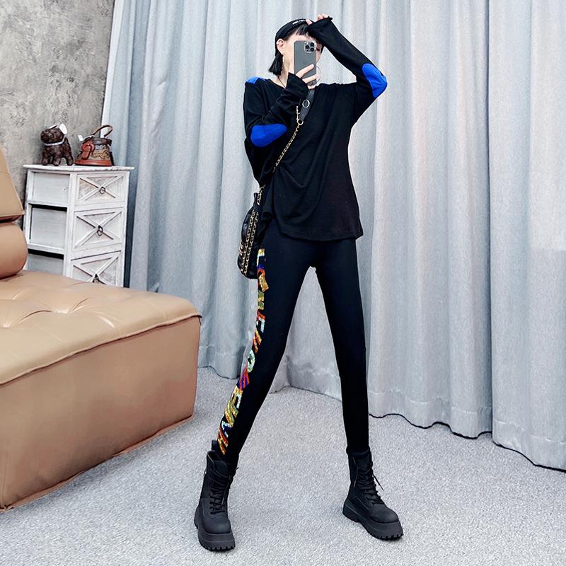 2025 Rhinestone Letter Elastic Cropped Pants - Trendy Spring/Autumn Women's Leggings