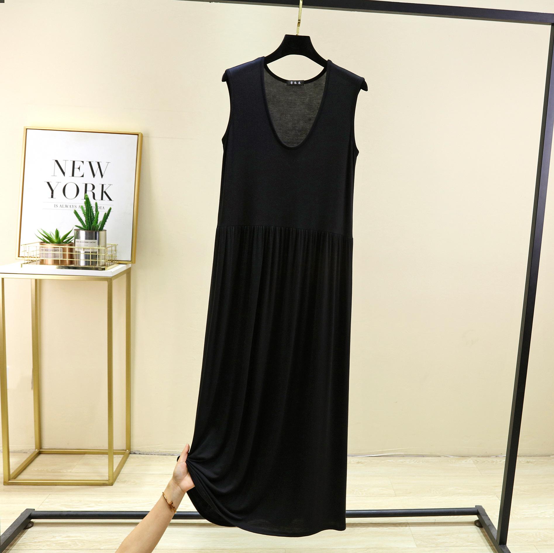 

Большие размеры L до 6XL Женское платье Модальное платье-майка без рукавов Плиссированная пижама Платья средней длины, утягивающие талию Свободная домашняя одежда M чёрный