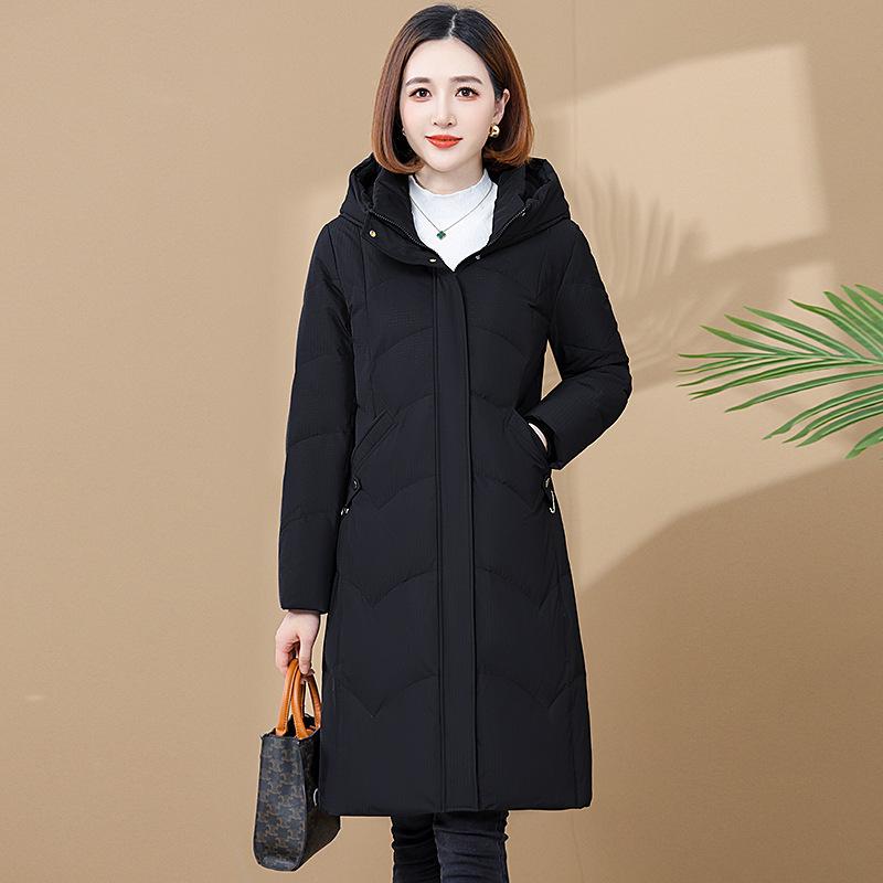 

Женская пуховая куртка средней длины с капюшоном - Зимняя свободная посадка, Утолщенный пух белой утки, Верхняя одежда в стиле мама для женщин среднего и пожилого возраста. 6XL